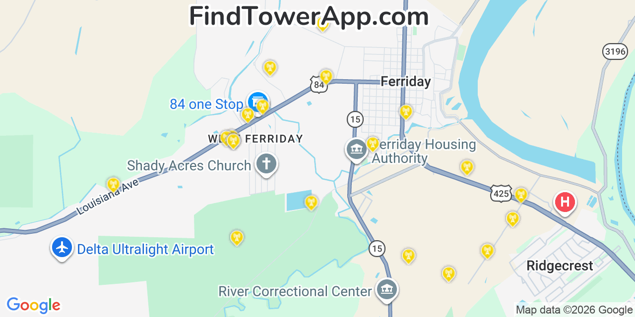 Map showing the 20 primary cell tower locations detected in West Ferriday, Louisiana from AT&T, Verizon, and T-Mobile networks
