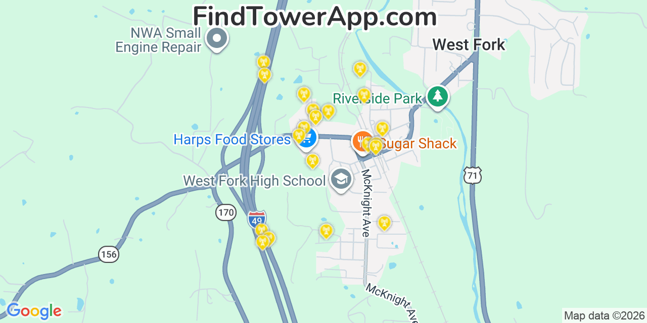 Map showing the 20 primary cell tower locations detected in West Fork, Arkansas from AT&T, Verizon, and T-Mobile networks