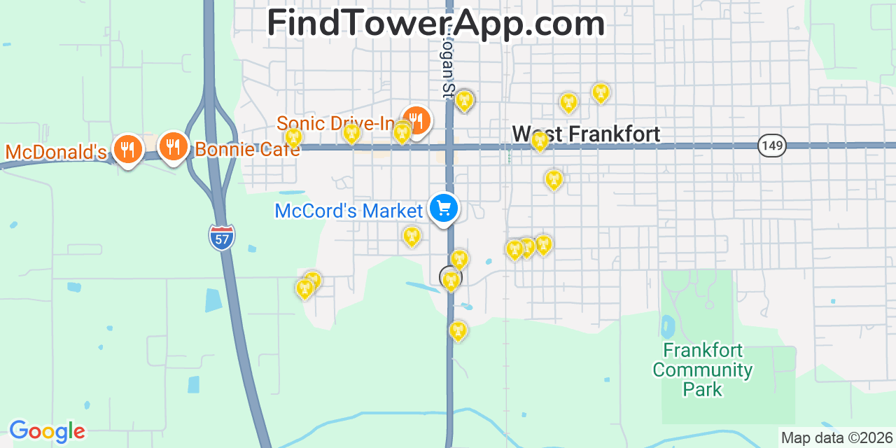 Map showing the 20 primary cell tower locations detected in West Frankfort, Illinois from AT&T, Verizon, and T-Mobile networks