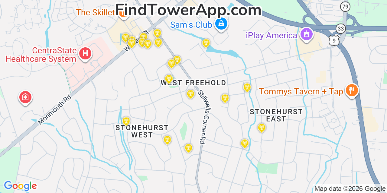 Map showing the 20 primary cell tower locations detected in West Freehold, New Jersey from AT&T, Verizon, and T-Mobile networks