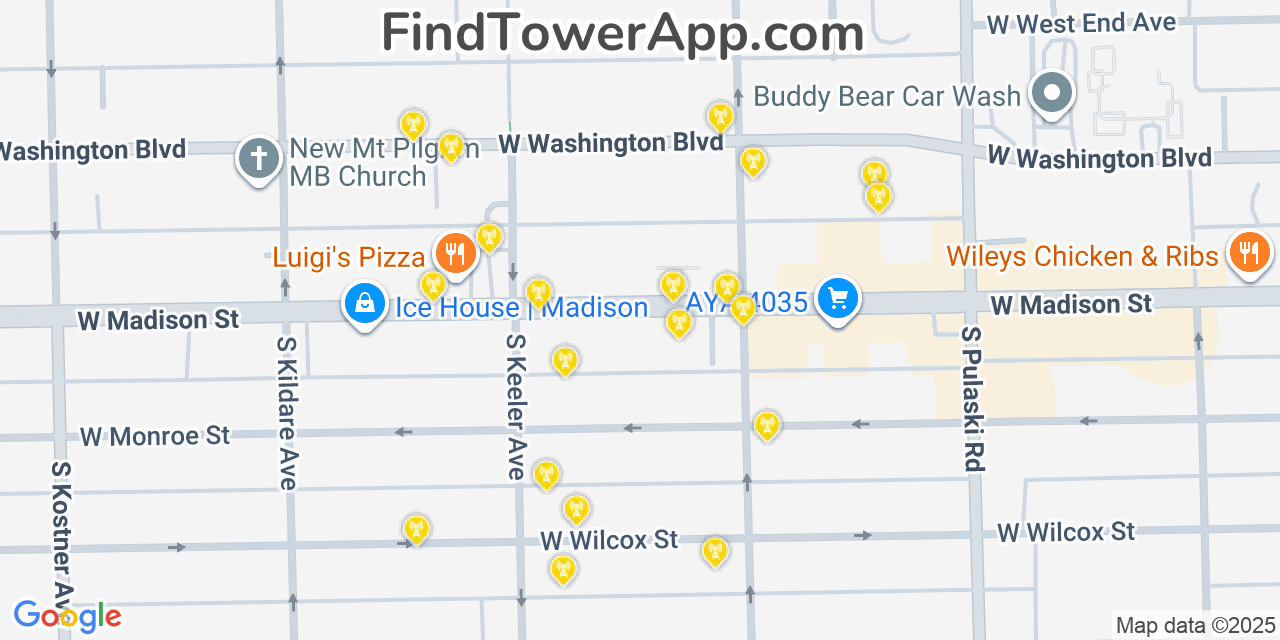 Map showing the 20 primary cell tower locations detected in West Garfield Park, Illinois from AT&T, Verizon, and T-Mobile networks