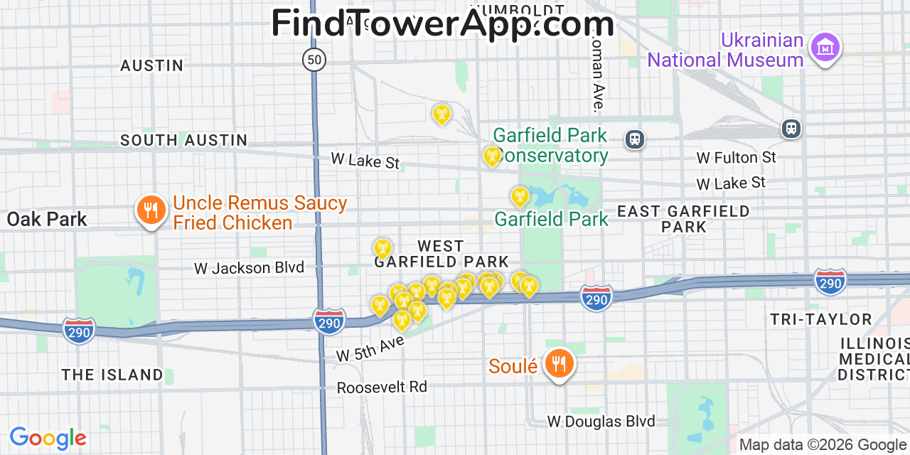 Map showing the 20 primary cell tower locations detected in West Garfield Park, Illinois from AT&T, Verizon, and T-Mobile networks