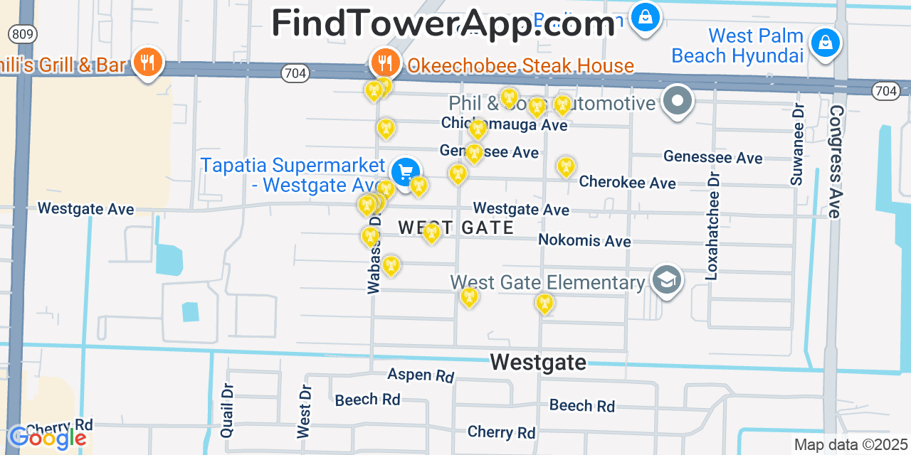 Map showing the 20 primary cell tower locations detected in West Gate, Florida from AT&T, Verizon, and T-Mobile networks
