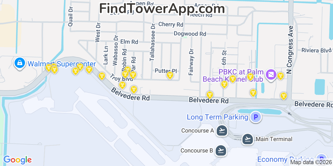 Map showing the 20 primary cell tower locations detected in West Gate, Florida from AT&T, Verizon, and T-Mobile networks