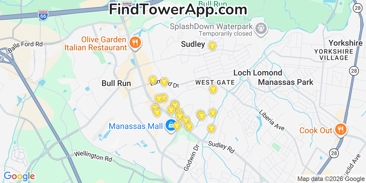 Map showing the 20 primary cell tower locations detected in West Gate, Virginia from AT&T, Verizon, and T-Mobile networks