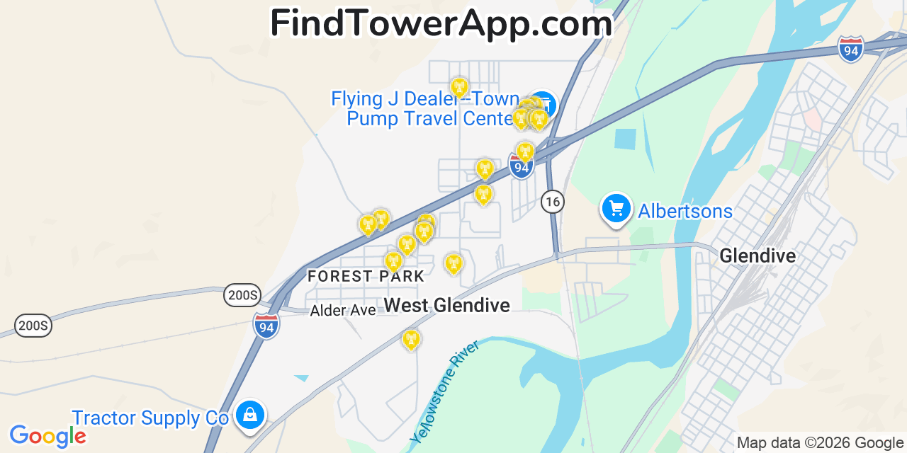 Map showing the 20 primary cell tower locations detected in West Glendive, Montana from AT&T, Verizon, and T-Mobile networks