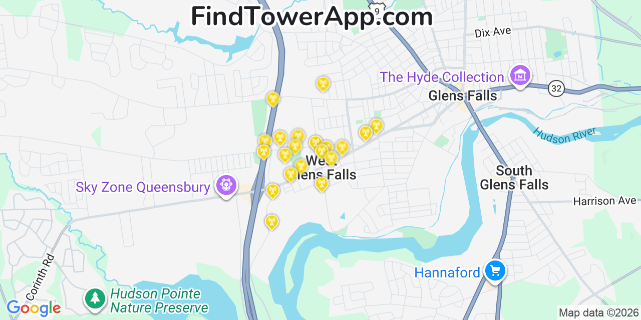 Map showing the 20 primary cell tower locations detected in West Glens Falls, New York from AT&T, Verizon, and T-Mobile networks