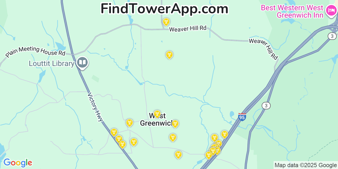 Map showing the 20 primary cell tower locations detected in West Greenwich, Rhode Island from AT&T, Verizon, and T-Mobile networks