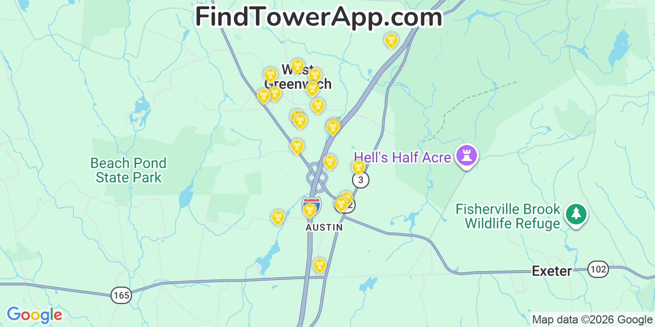 Map showing the 20 primary cell tower locations detected in West Greenwich, Rhode Island from AT&T, Verizon, and T-Mobile networks