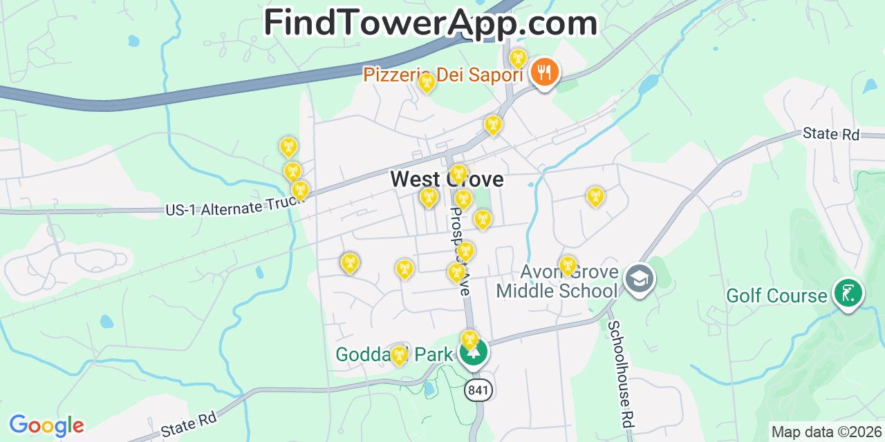 Map showing the 20 primary cell tower locations detected in West Grove, Pennsylvania from AT&T, Verizon, and T-Mobile networks