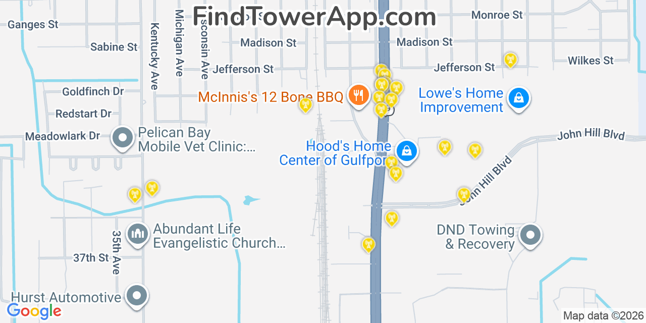 Map showing the 20 primary cell tower locations detected in West Gulfport, Mississippi from AT&T, Verizon, and T-Mobile networks