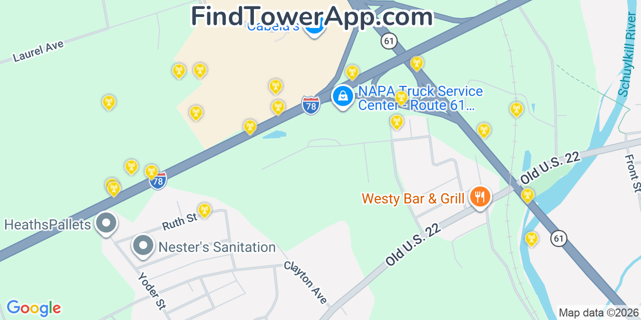 Map showing the 20 primary cell tower locations detected in West Hamburg, Pennsylvania from AT&T, Verizon, and T-Mobile networks