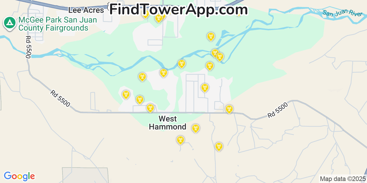 Map showing the 20 primary cell tower locations detected in West Hammond, New Mexico from AT&T, Verizon, and T-Mobile networks