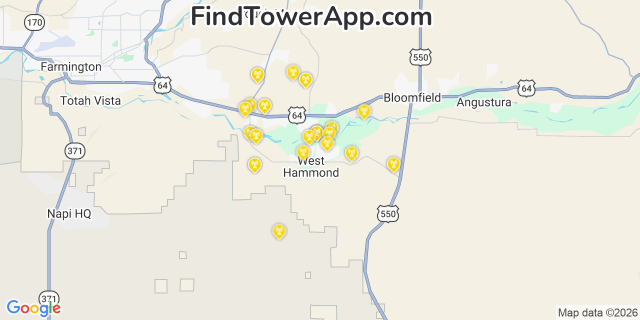Map showing the 20 primary cell tower locations detected in West Hammond, New Mexico from AT&T, Verizon, and T-Mobile networks