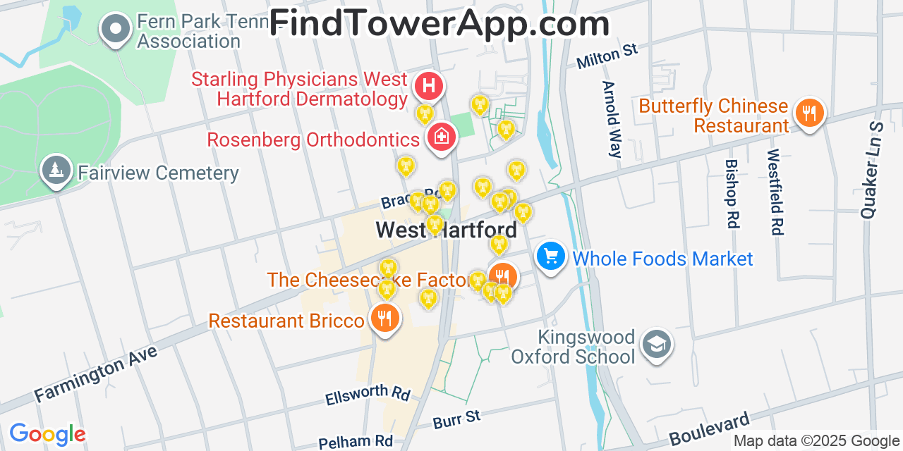 Map showing the 20 primary cell tower locations detected in West Hartford, Connecticut from AT&T, Verizon, and T-Mobile networks