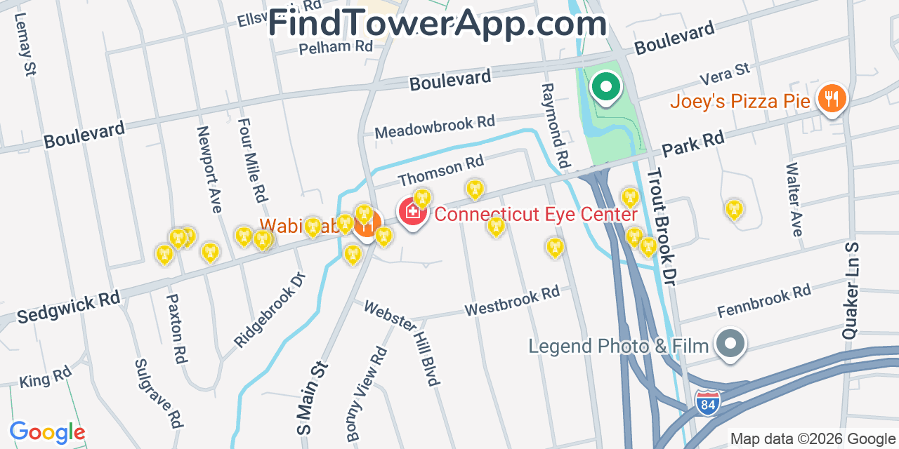Map showing the 20 primary cell tower locations detected in West Hartford, Connecticut from AT&T, Verizon, and T-Mobile networks