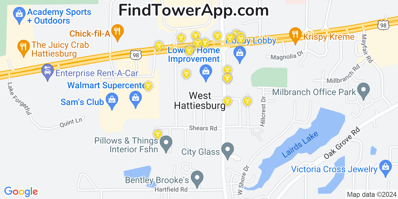 AT&T 4G/5G cell tower coverage map West Hattiesburg, Mississippi