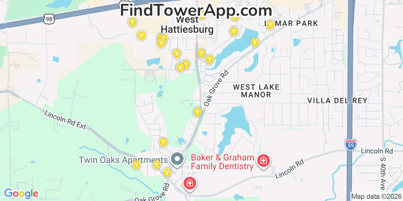 Map showing the 20 primary cell tower locations detected in West Hattiesburg, Mississippi from AT&T, Verizon, and T-Mobile networks