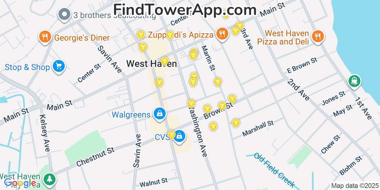 Map showing the 20 primary cell tower locations detected in West Haven, Connecticut from AT&T, Verizon, and T-Mobile networks