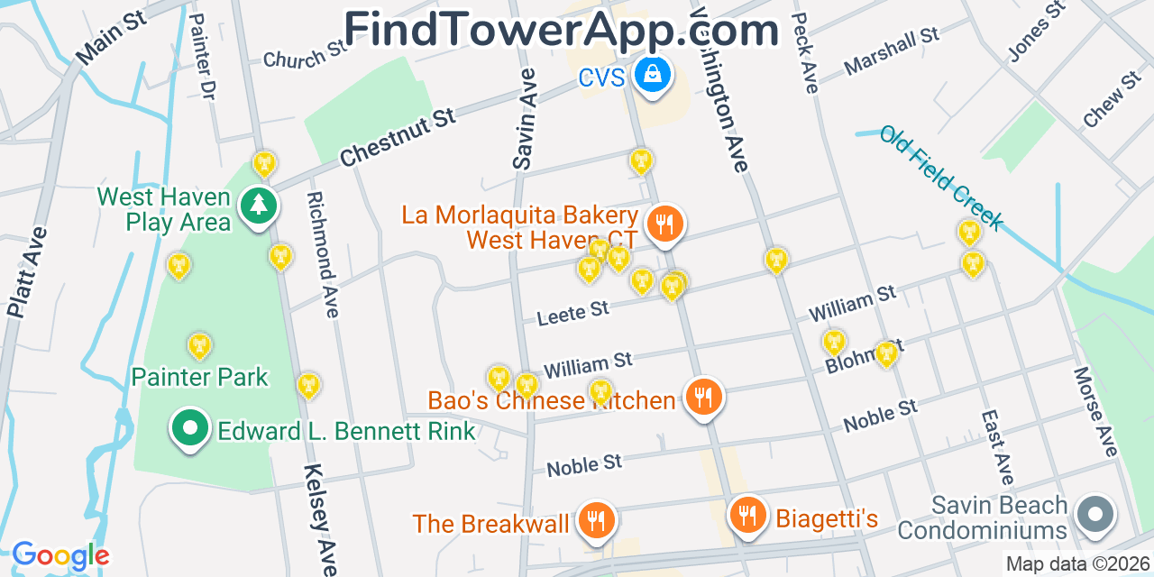 Map showing the 20 primary cell tower locations detected in West Haven, Connecticut from AT&T, Verizon, and T-Mobile networks