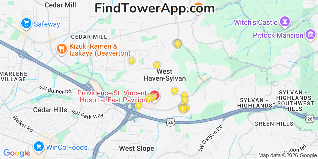 Map showing the 20 primary cell tower locations detected in West Haven, Oregon from AT&T, Verizon, and T-Mobile networks