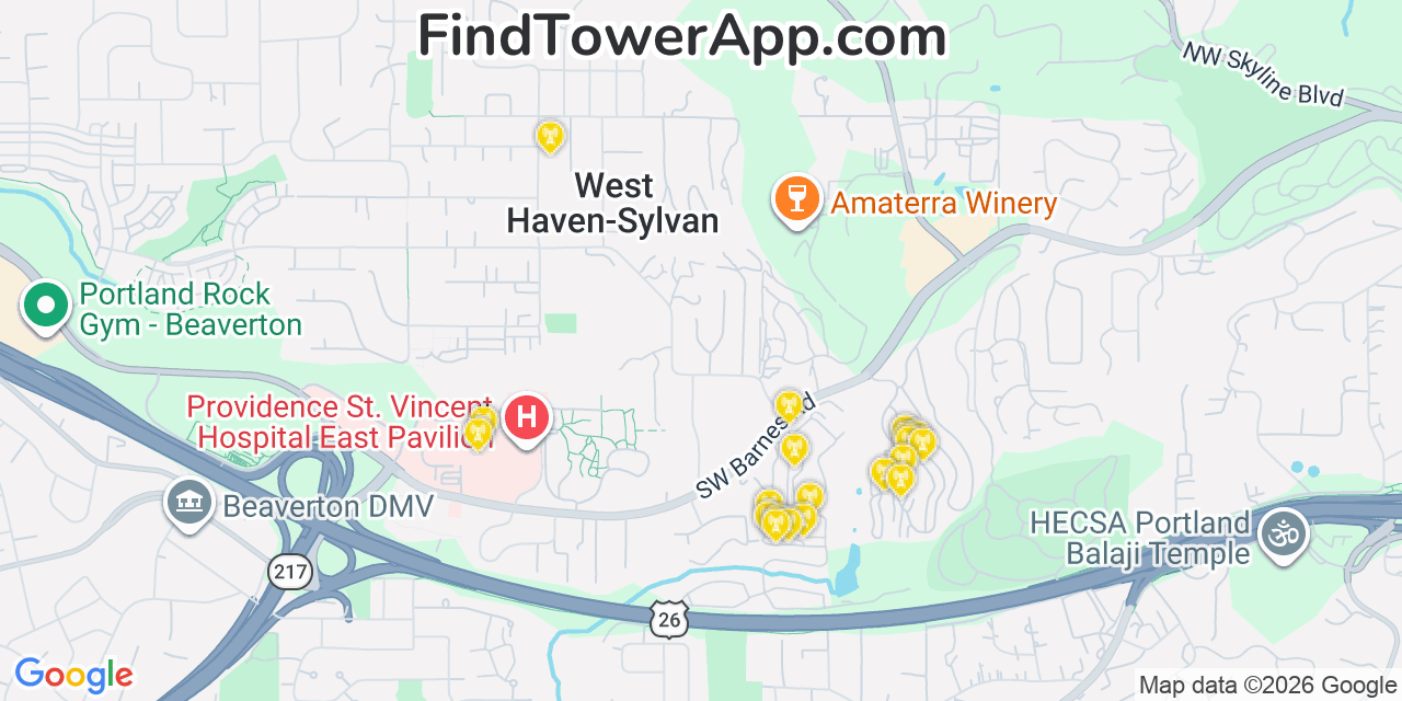 Map showing the 20 primary cell tower locations detected in West Haven Sylvan, Oregon from AT&T, Verizon, and T-Mobile networks