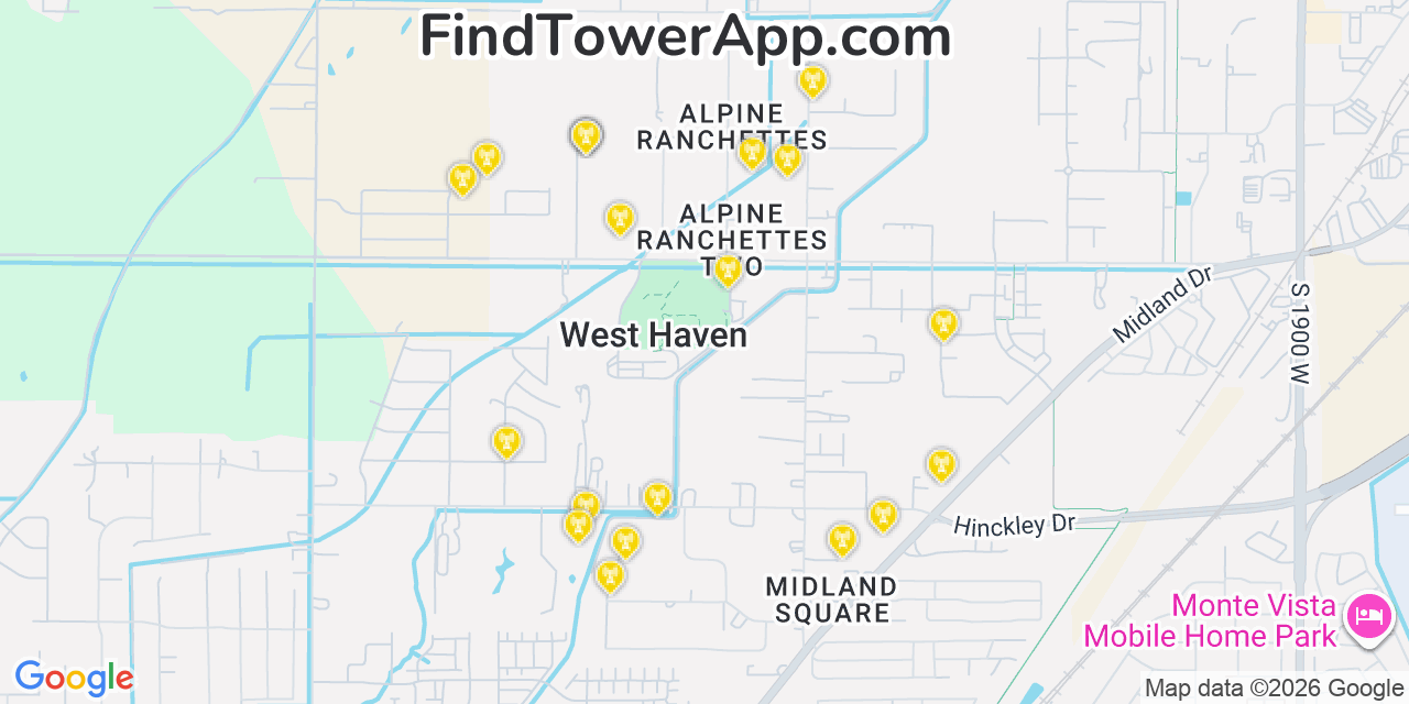 Map showing the 20 primary cell tower locations detected in West Haven, Utah from AT&T, Verizon, and T-Mobile networks