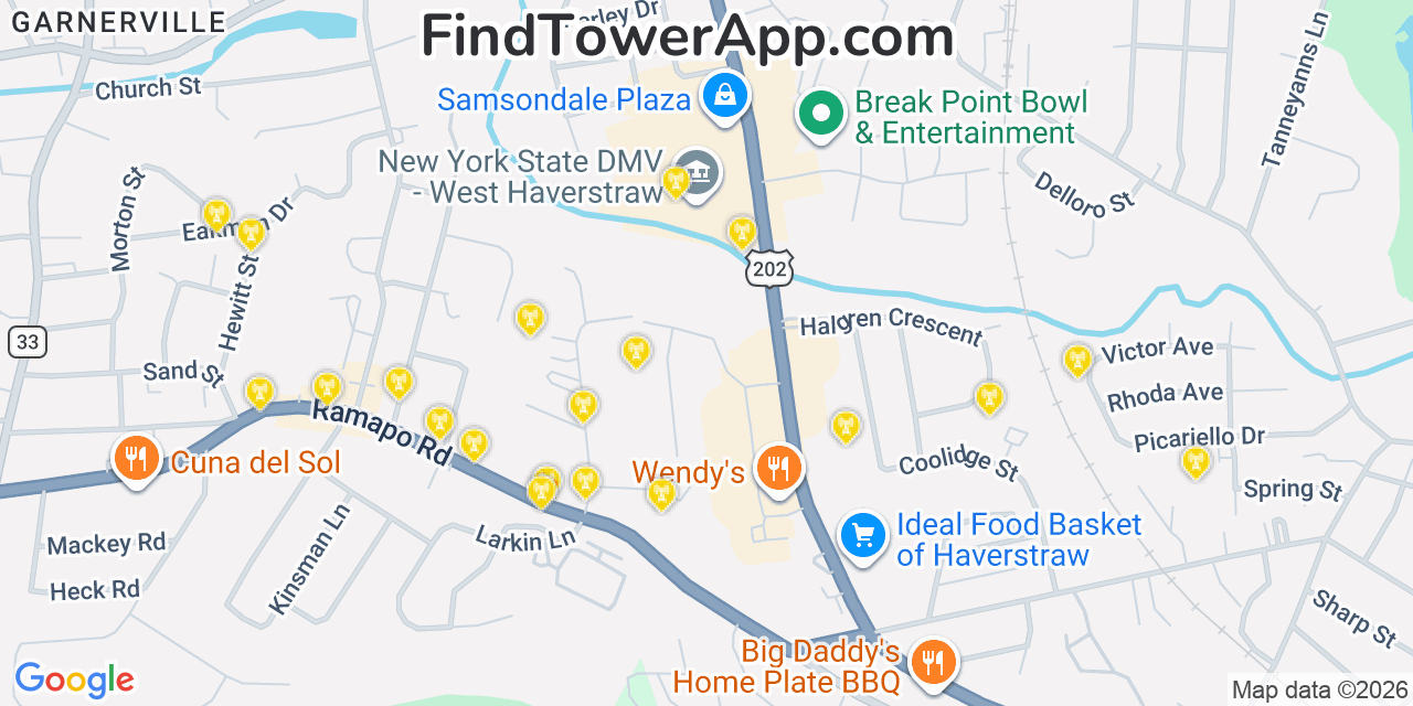 Map showing the 20 primary cell tower locations detected in West Haverstraw, New York from AT&T, Verizon, and T-Mobile networks