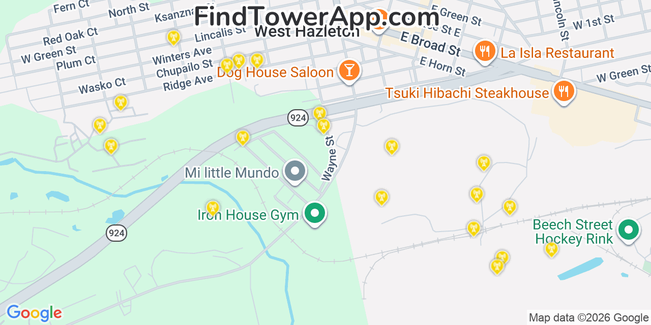 Map showing the 20 primary cell tower locations detected in West Hazleton, Pennsylvania from AT&T, Verizon, and T-Mobile networks