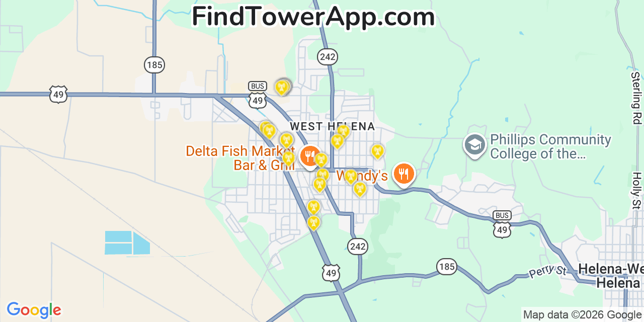 Map showing the 20 primary cell tower locations detected in West Helena, Arkansas from AT&T, Verizon, and T-Mobile networks