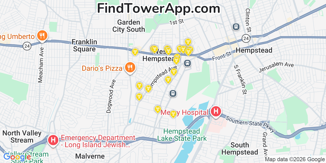 Map showing the 20 primary cell tower locations detected in West Hempstead, New York from AT&T, Verizon, and T-Mobile networks