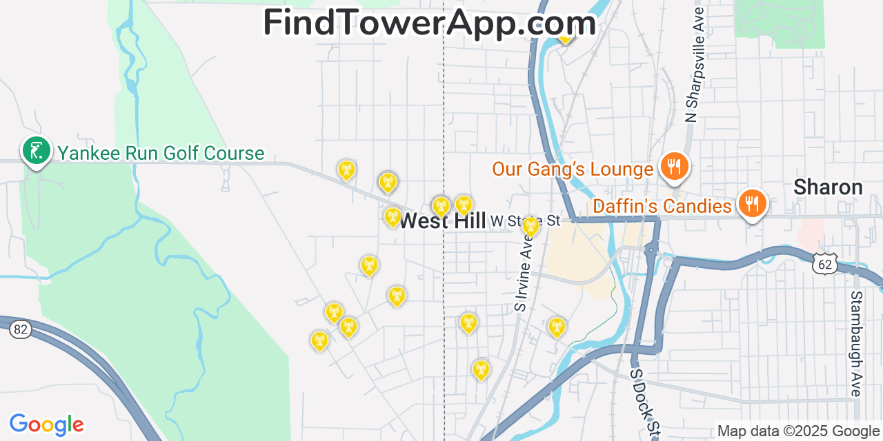 Map showing the 20 primary cell tower locations detected in West Hill, Ohio from AT&T, Verizon, and T-Mobile networks