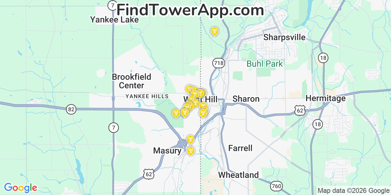 Map showing the 20 primary cell tower locations detected in West Hill, Ohio from AT&T, Verizon, and T-Mobile networks