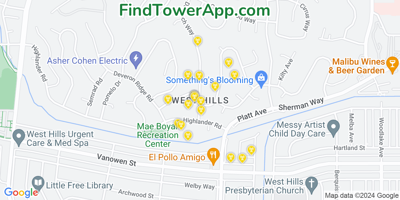 AT&T 4G/5G cell tower coverage map West Hills, California