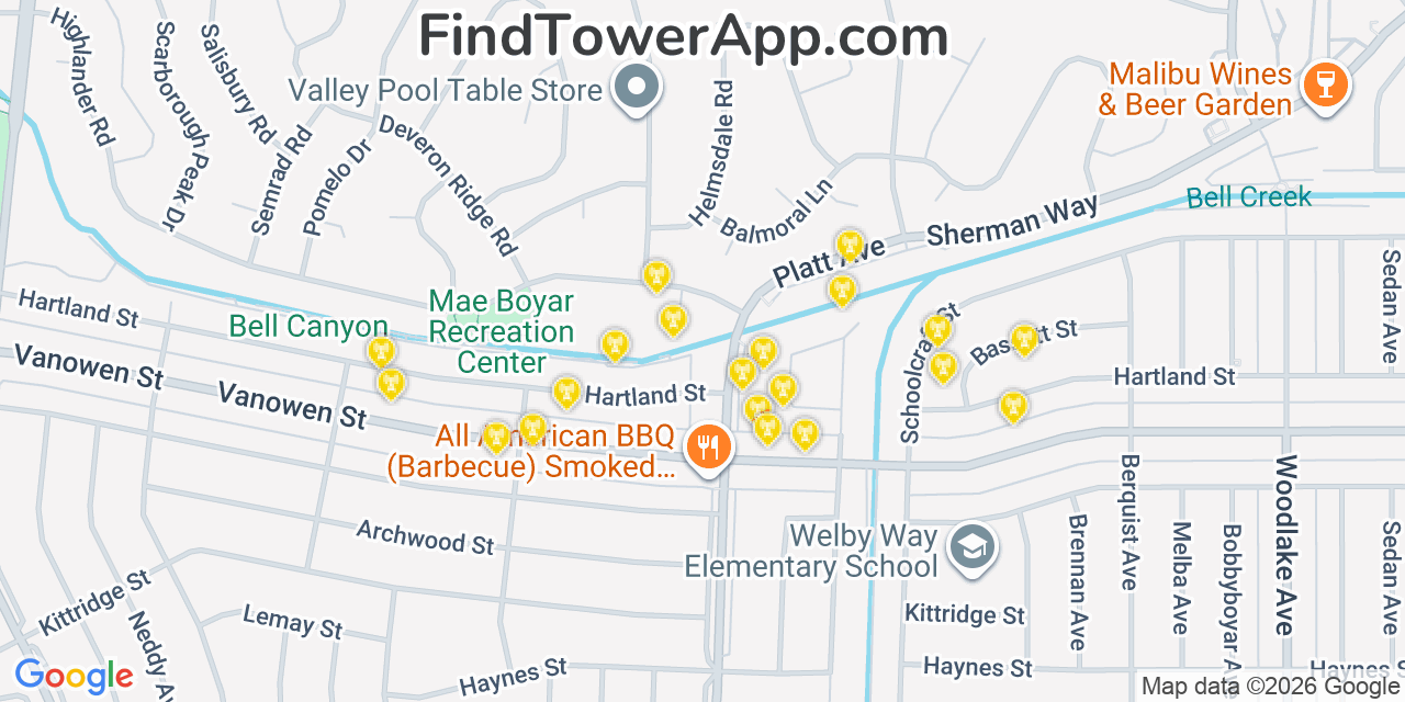 Map showing the 20 primary cell tower locations detected in West Hills, California from AT&T, Verizon, and T-Mobile networks