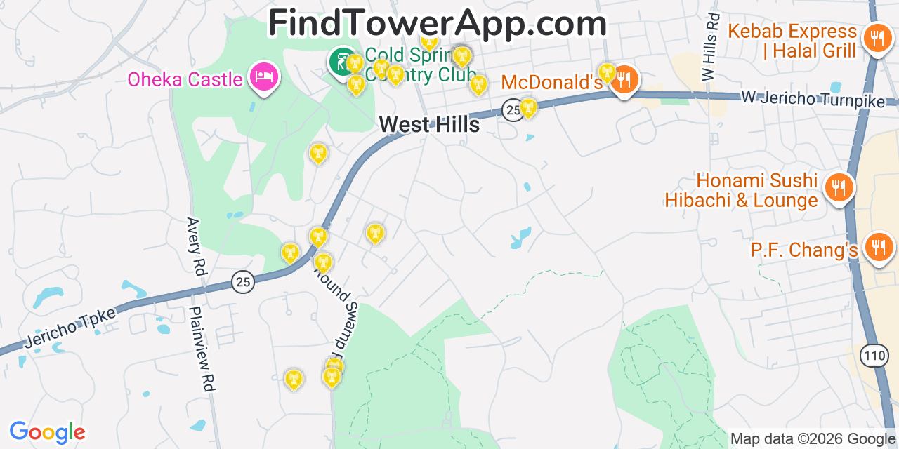 Map showing the 20 primary cell tower locations detected in West Hills, New York from AT&T, Verizon, and T-Mobile networks