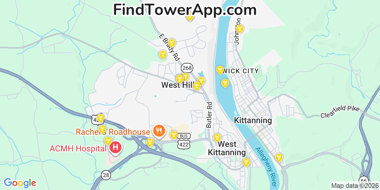 Map showing the 20 primary cell tower locations detected in West Hills, Pennsylvania from AT&T, Verizon, and T-Mobile networks