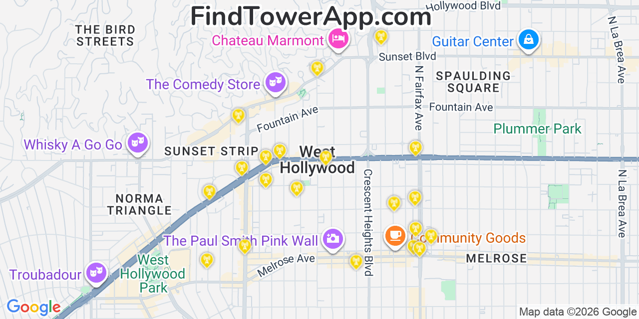 Map showing the 20 primary cell tower locations detected in West Hollywood, California from AT&T, Verizon, and T-Mobile networks
