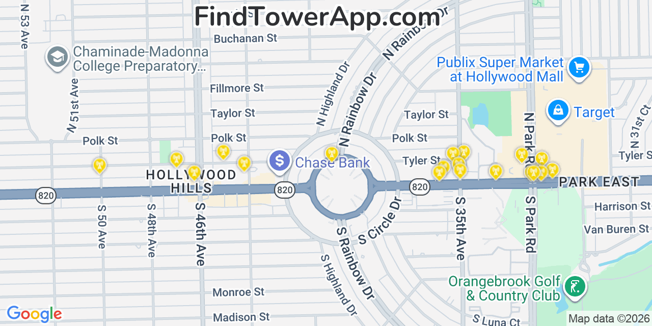 Map showing the 20 primary cell tower locations detected in West Hollywood, Florida from AT&T, Verizon, and T-Mobile networks