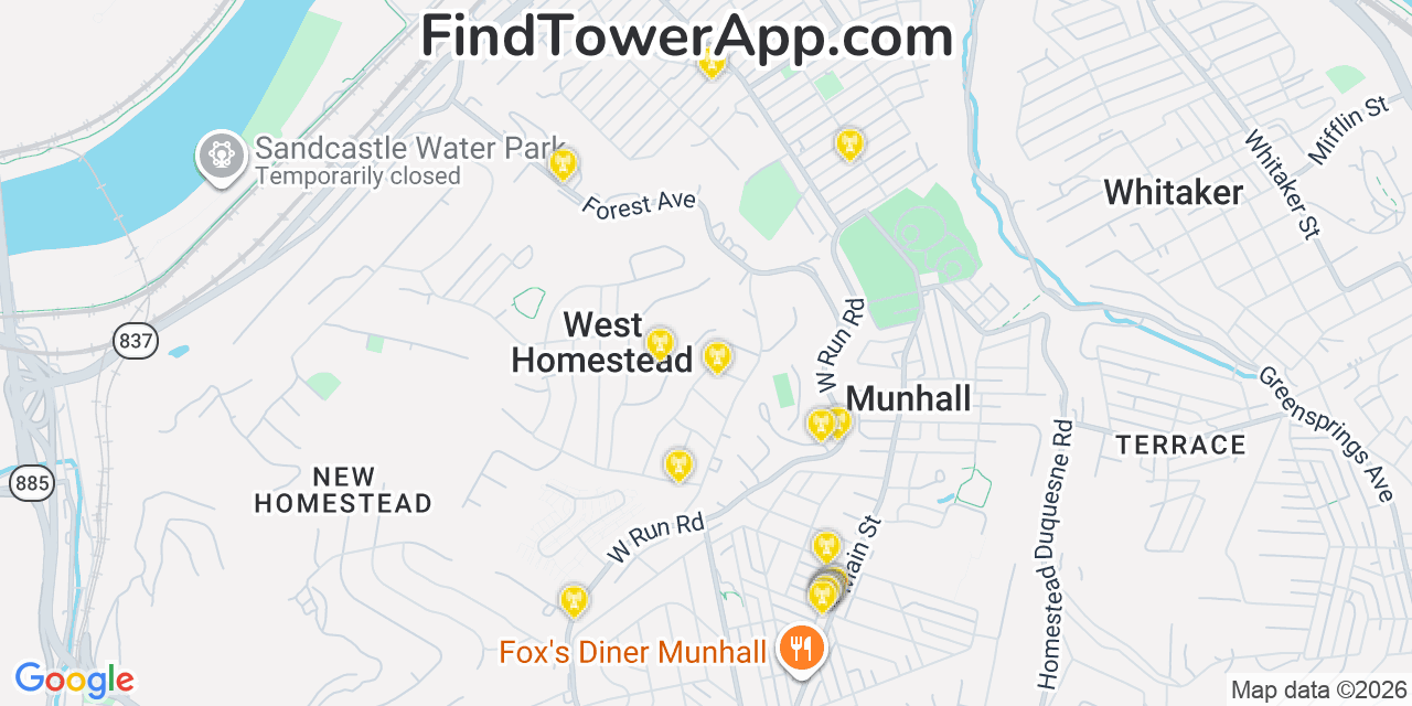 Map showing the 20 primary cell tower locations detected in West Homestead, Pennsylvania from AT&T, Verizon, and T-Mobile networks