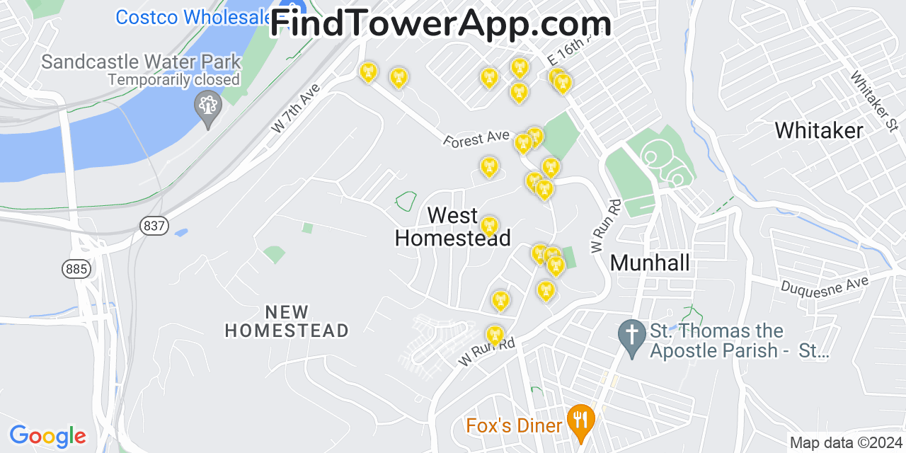 T-Mobile 4G/5G cell tower coverage map West Homestead, Pennsylvania