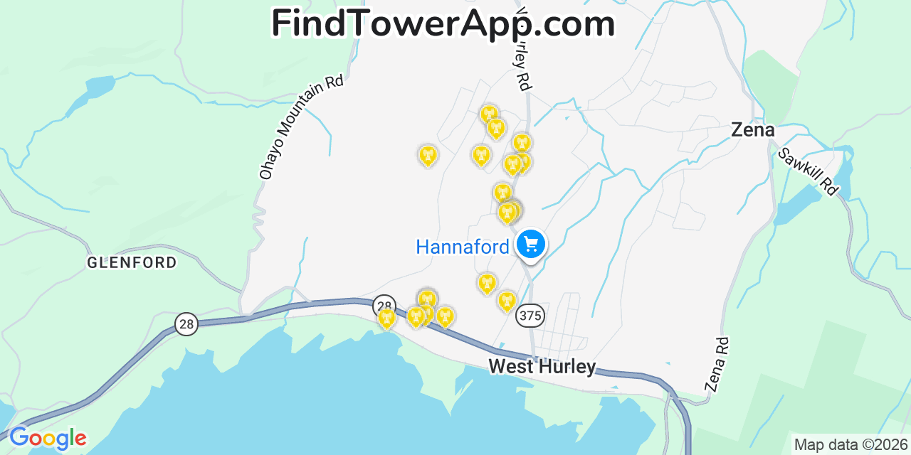 Map showing the 20 primary cell tower locations detected in West Hurley, New York from AT&T, Verizon, and T-Mobile networks