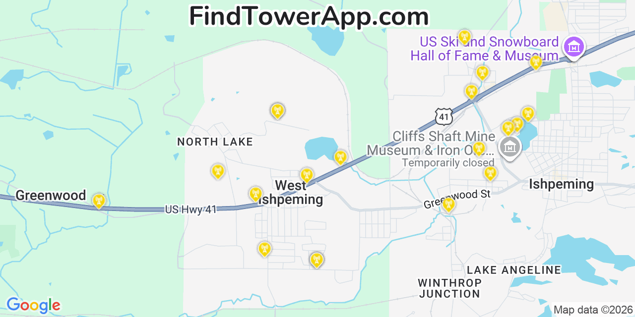 Map showing the 20 primary cell tower locations detected in West Ishpeming, Michigan from AT&T, Verizon, and T-Mobile networks