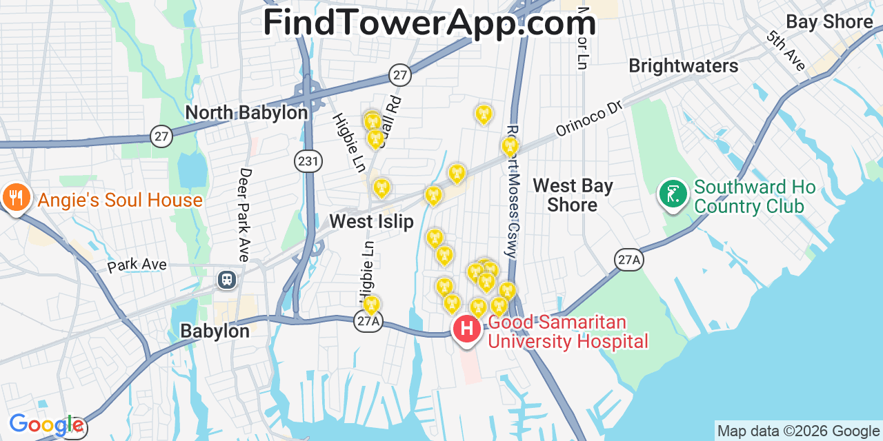 Map showing the 20 primary cell tower locations detected in West Islip, New York from AT&T, Verizon, and T-Mobile networks