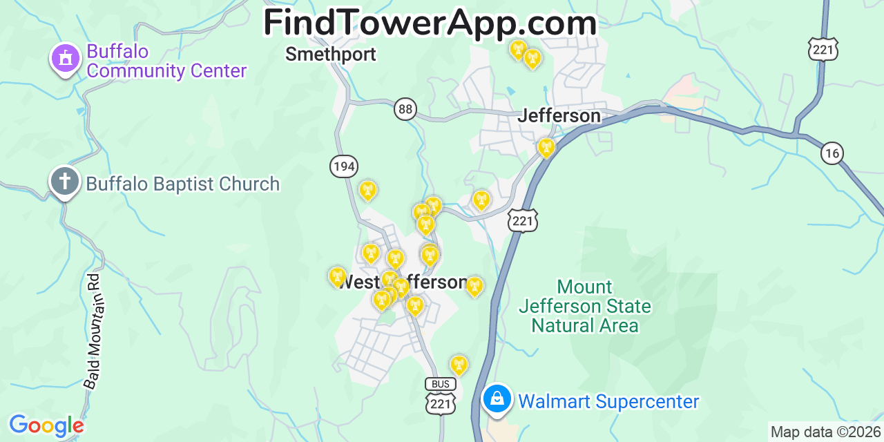 Map showing the 20 primary cell tower locations detected in West Jefferson, North Carolina from AT&T, Verizon, and T-Mobile networks