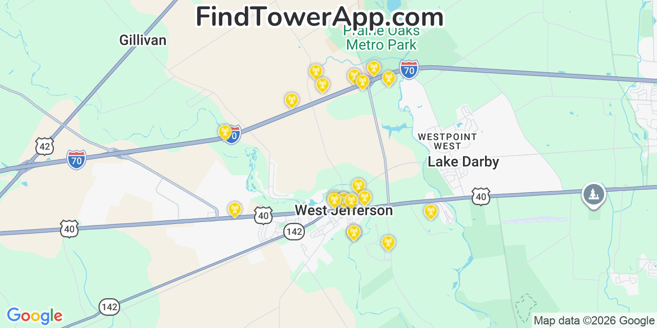 Map showing the 20 primary cell tower locations detected in West Jefferson, Ohio from AT&T, Verizon, and T-Mobile networks
