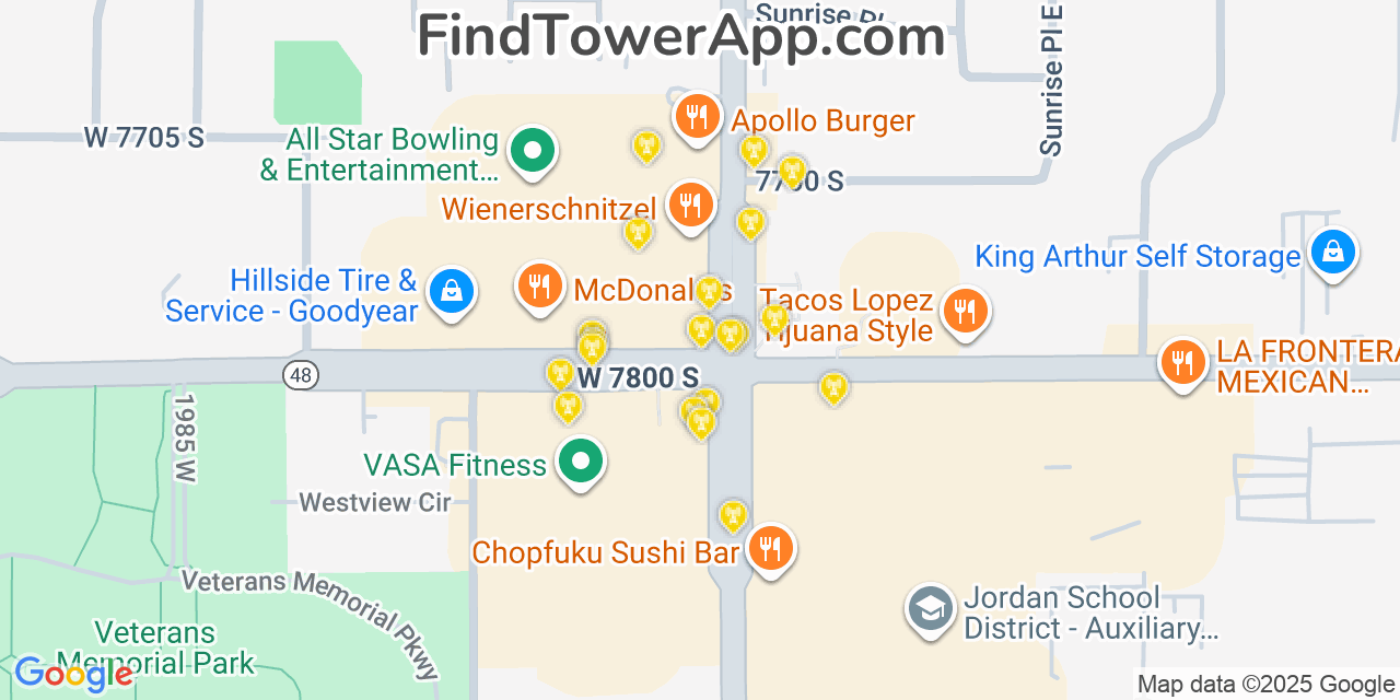 Map showing the 20 primary cell tower locations detected in West Jordan, Utah from AT&T, Verizon, and T-Mobile networks