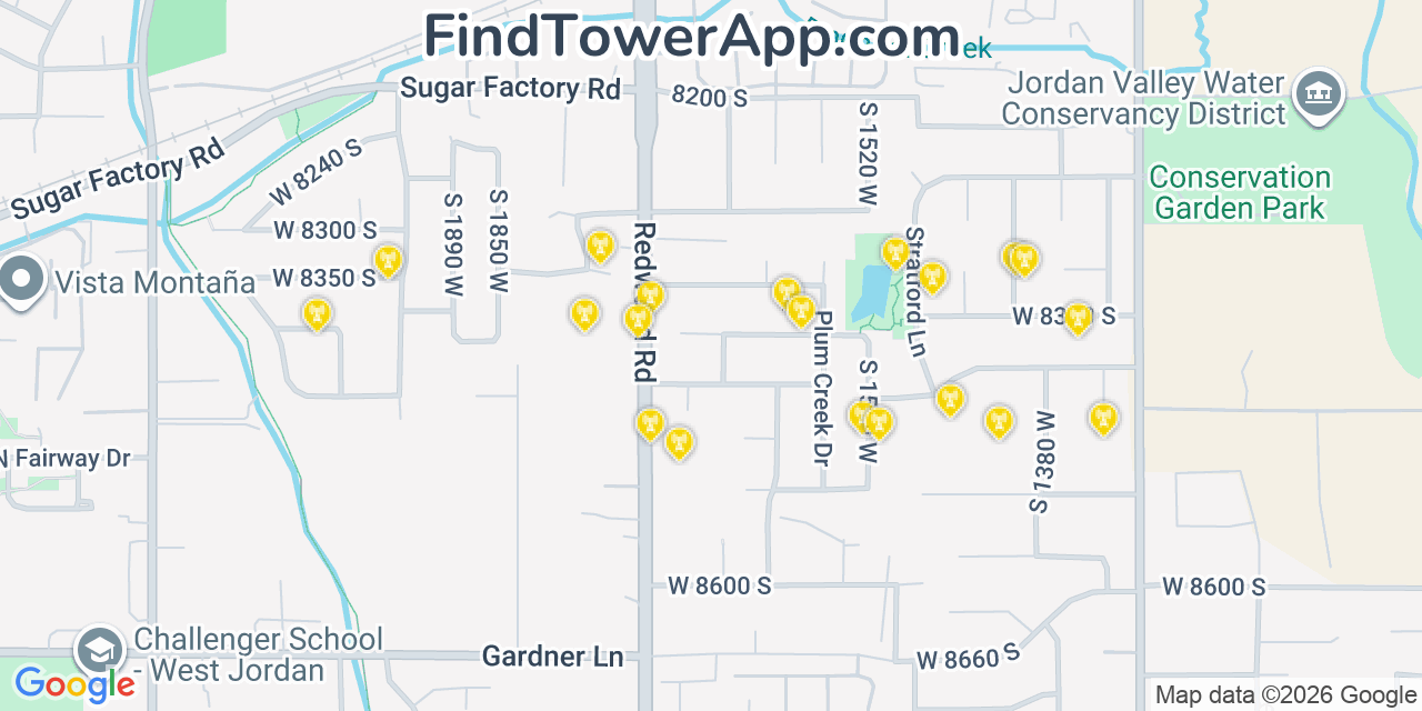 Map showing the 20 primary cell tower locations detected in West Jordan, Utah from AT&T, Verizon, and T-Mobile networks