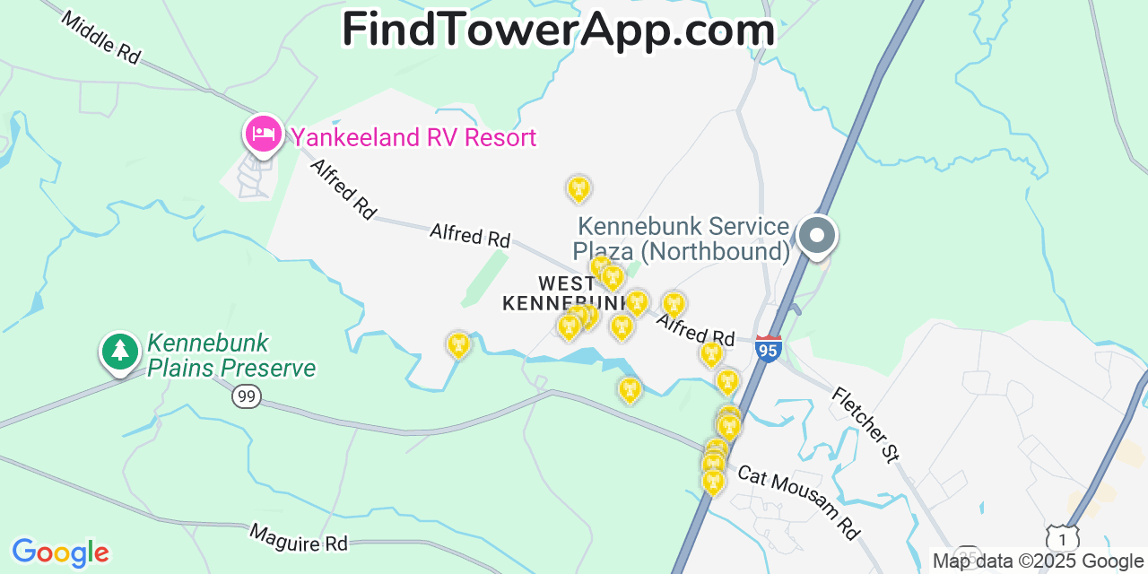 Map showing the 20 primary cell tower locations detected in West Kennebunk, Maine from AT&T, Verizon, and T-Mobile networks