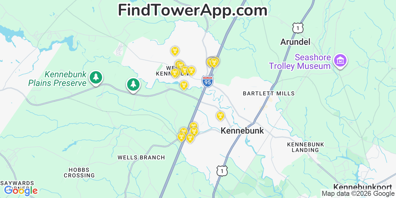 Map showing the 20 primary cell tower locations detected in West Kennebunk, Maine from AT&T, Verizon, and T-Mobile networks